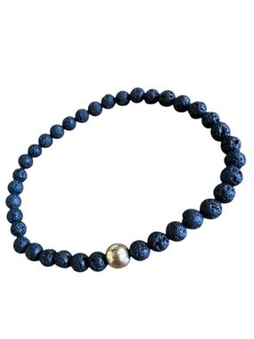Classic 6mm Black Lava Rock Stretch Bracelet Gold Beaded Bracelet NEW